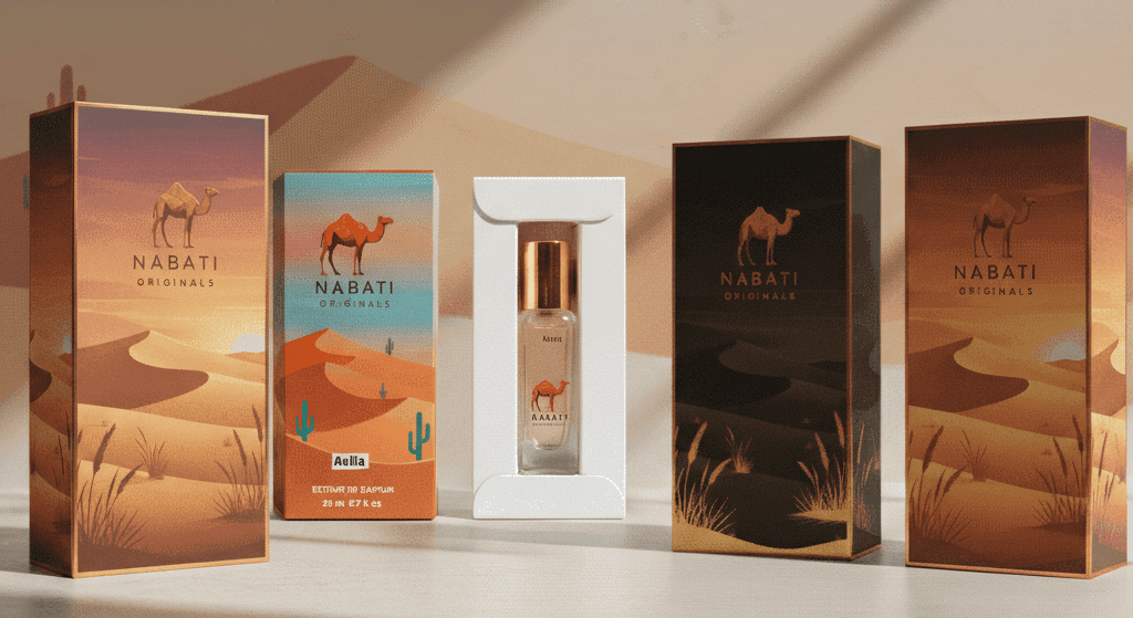 Nabati perfume packaging with camels and desert scenery on a neutral background